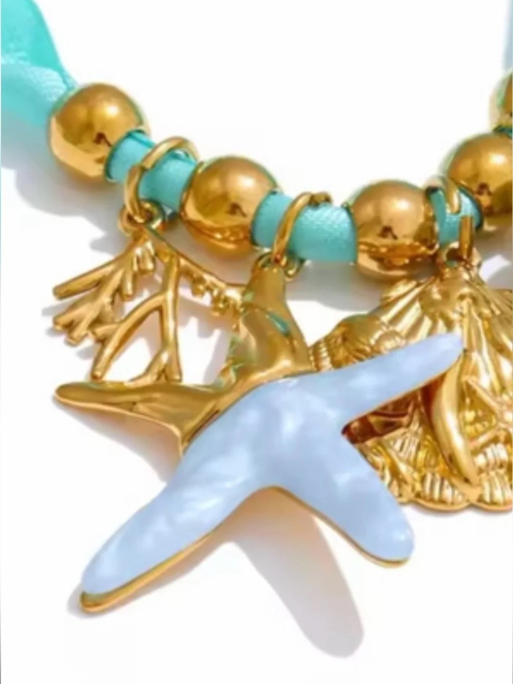Coastal Gold & Turquoise Ocean Charm Saten Cord Necklace